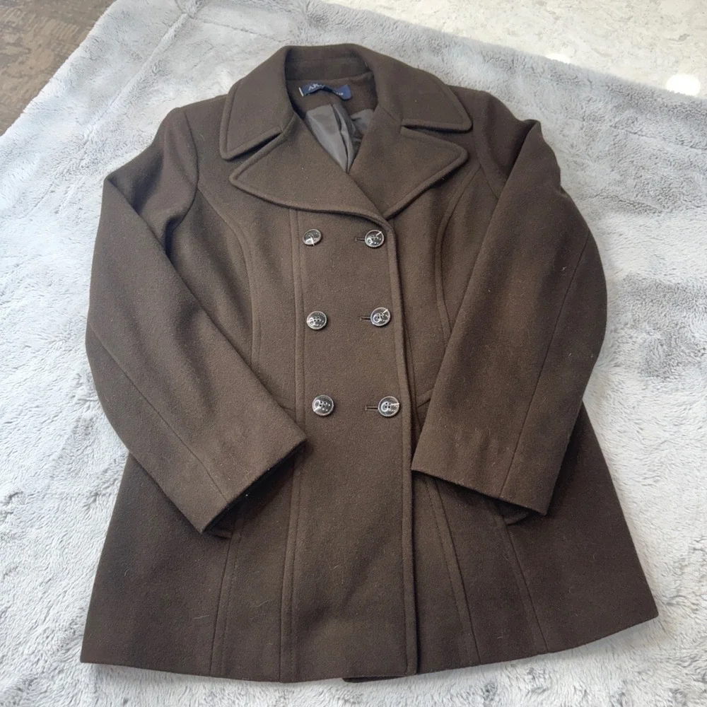 Anne Klein Womens Brown Wool Blend Double Breasted Pea Coat‎ Jacket Size L